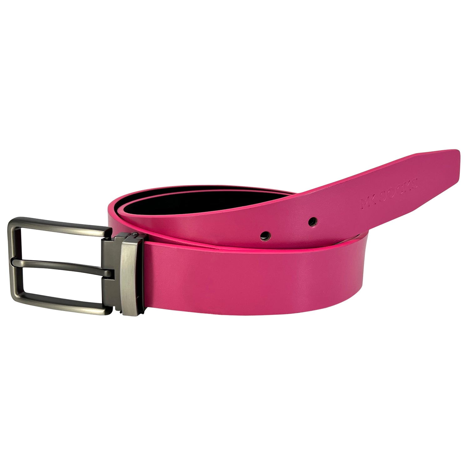 Mk Socks Cut to Fit Youth Leather Softball and Baseball Belt in vibrant pink, showcasing its seamless leather design and traditional belt buckle.