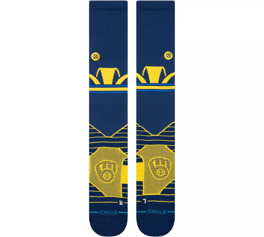 Close-up of Stance MLB Milwaukee Brewers Arches OTC Socks showcasing the durable nylon blend and Freshtek technology for moisture control.