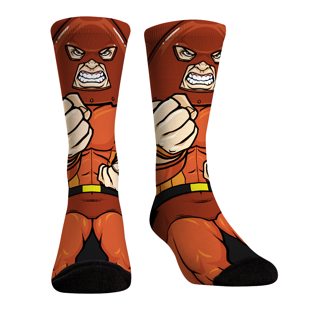 Rock Em Elite X-Men HyperOptic Character Crew Socks featuring Juggernaut design, showcasing optic-blast graphics and premium fabric for comfort.