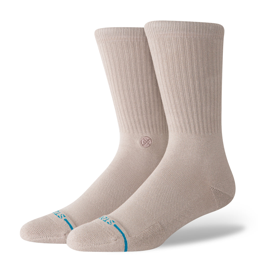 Stance mens Icon Solid Color Cotton Crew Socks in Stringgrey, featuring luxurious soft combed cotton and engineered arch support for comfort and style.