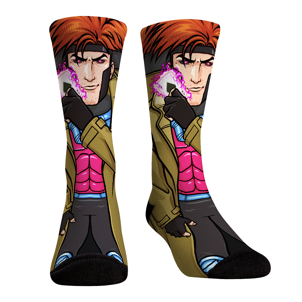 Rock Em Elite X-Men HyperOptic Character Crew Socks - Gambit featuring optic-blast designs and cushioned footbed.