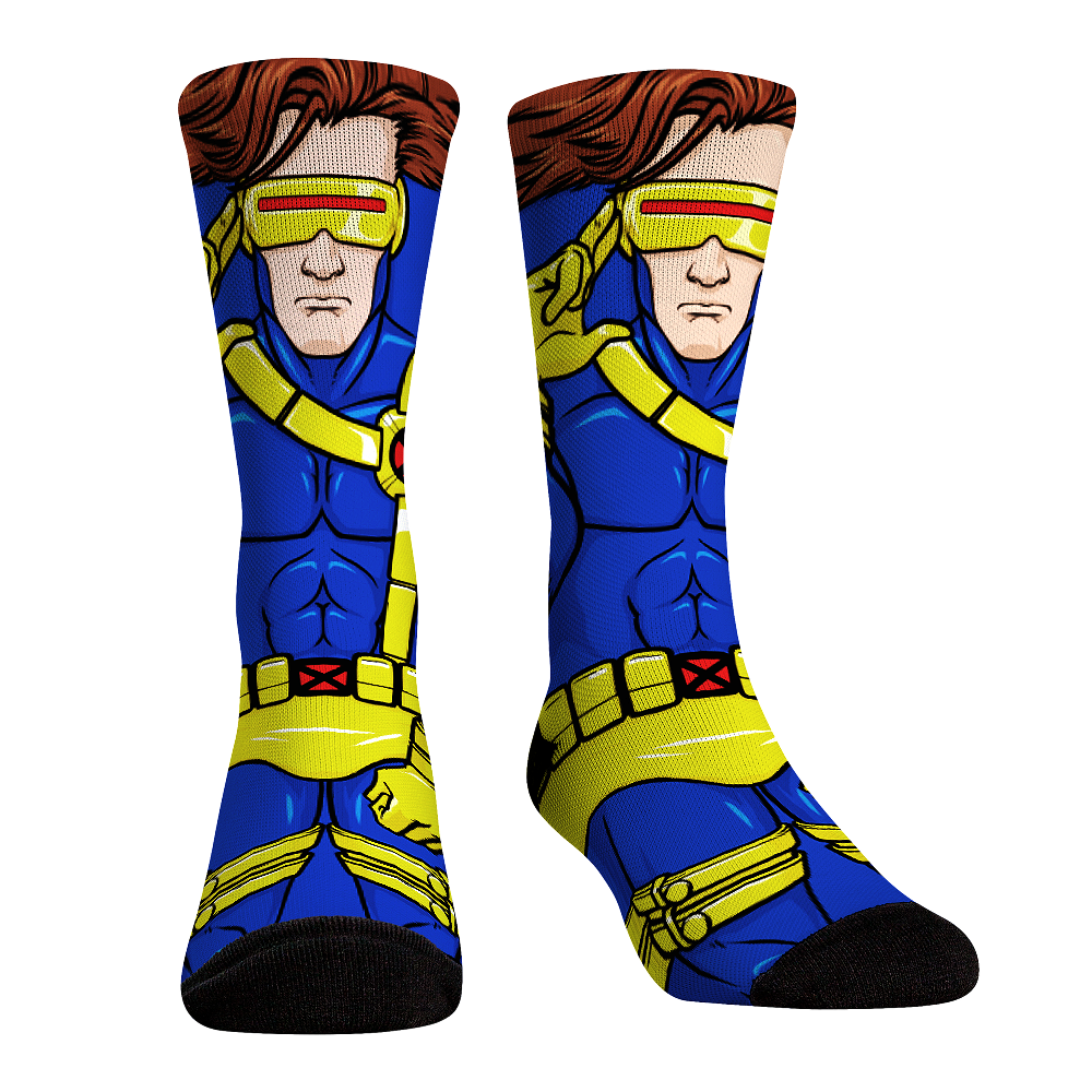 Rock Em Elite X-Men HyperOptic Character Crew Socks featuring Cyclops design, showcasing vibrant graphics and advanced performance fabric for comfort and style.