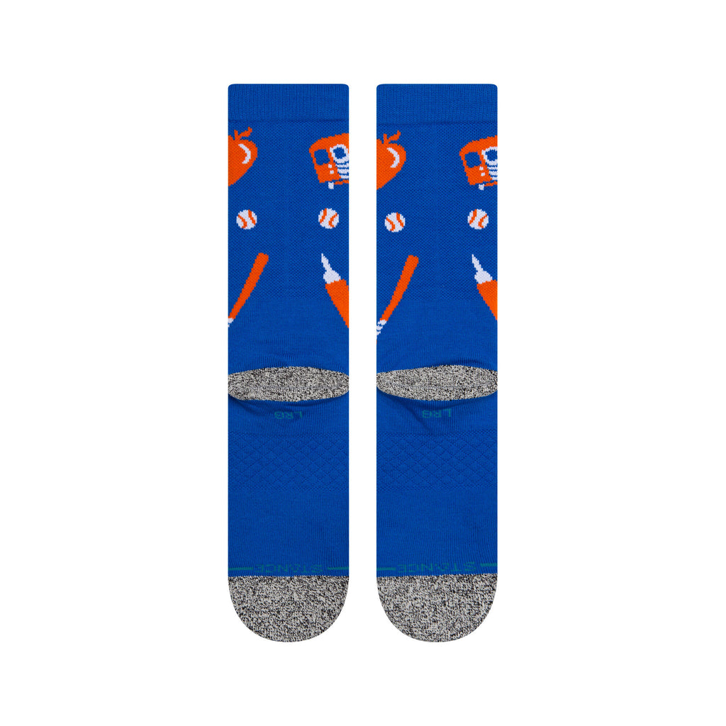 Close-up view of Stance MLB New York Mets Landmark Crew Socks showing the soft combed cotton blend and comfortable crew height.