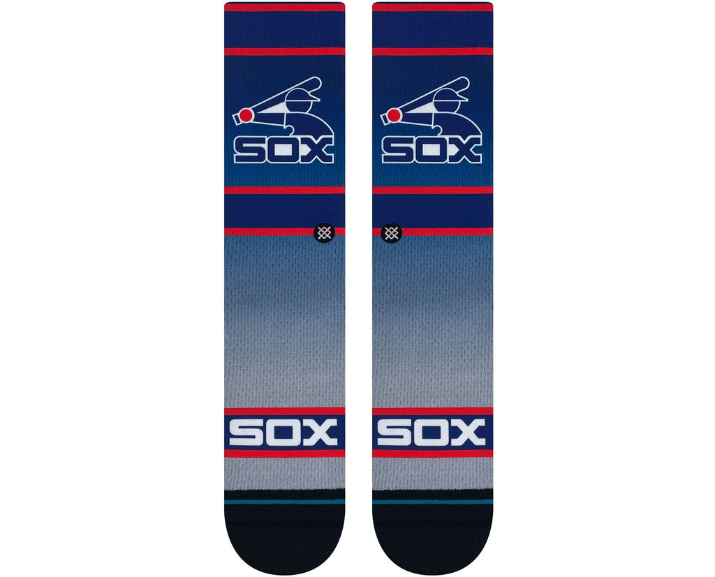 Stance Chicago White Sox 2023 Cooperstown Crew Sock displayed on a wooden surface, showcasing the design and high-quality materials.
