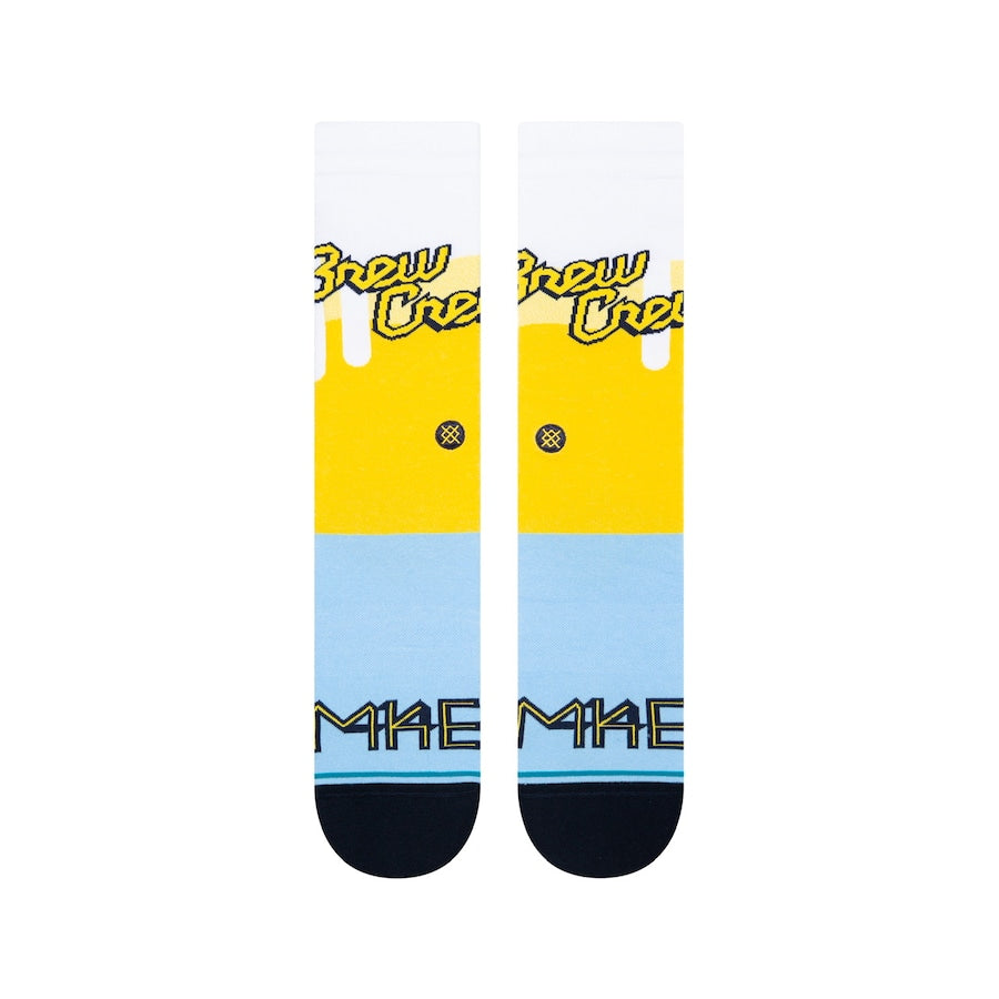 Close-up view of Stance MLB Milwaukee Brewers White 2022 City Connect Crew Socks, highlighting the unique fabric texture and team logo.