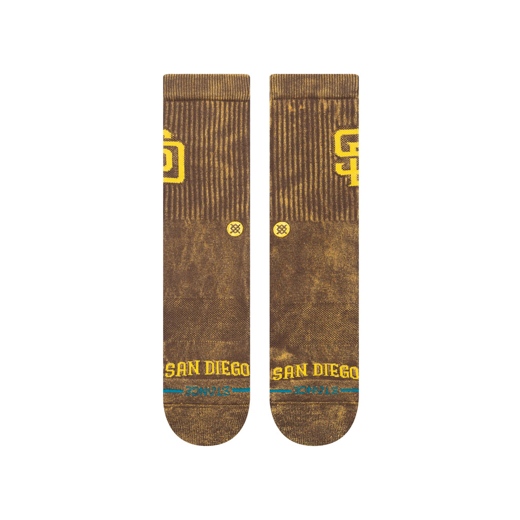 Close-up view of Stance MLB San Diego Padres 2024 Fade Crew Socks highlighting the breathable cotton blend and seamless toe closure for ultimate comfort.