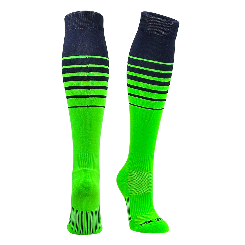 A pair of knee-high sports socks with a fade stripe pattern, transitioning from navy blue to neon green.