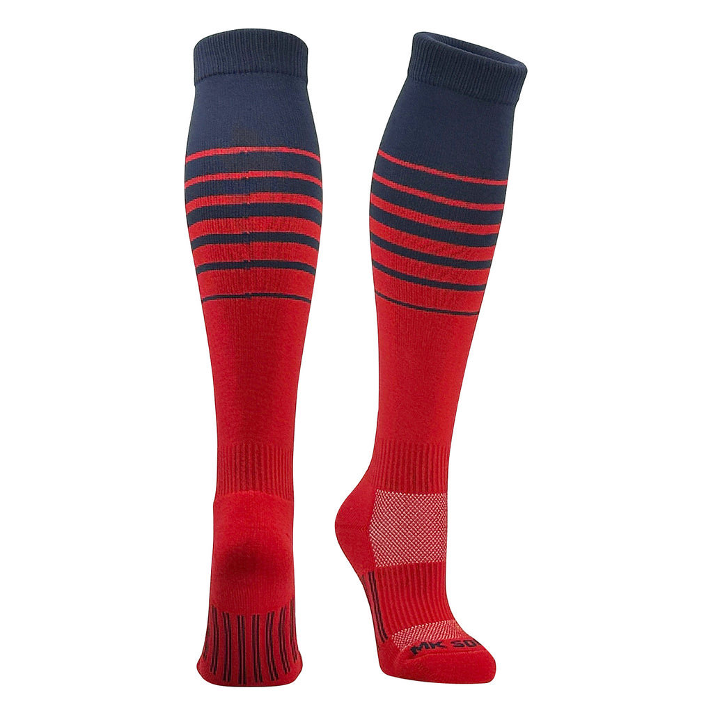 A pair of knee-high sports socks with a fade stripe pattern, transitioning from navy blue to red.