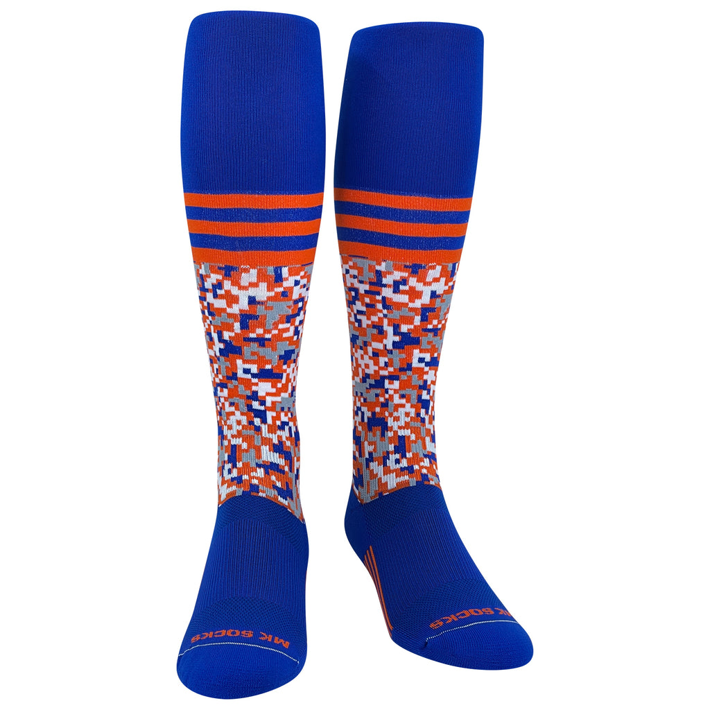A pair of blue and orange knee-high sports socks with digital camo stripe patterns.