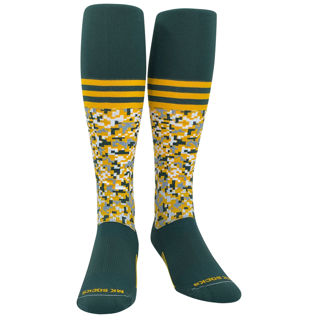 A pair of knee-high long sports socks with a digital camo stripe pattern in green and gold colors.