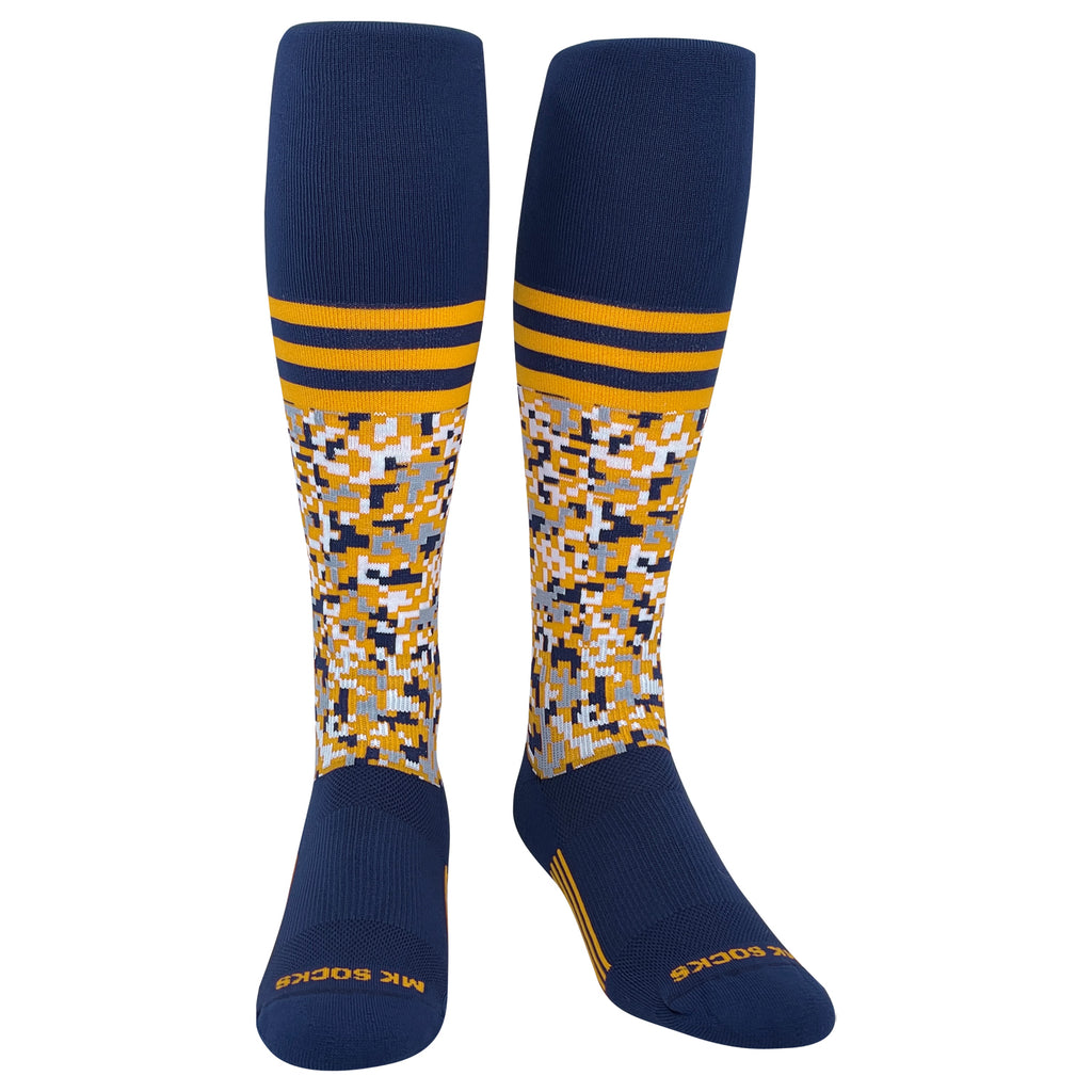 A pair of knee-high sports socks with a digital camo pattern and navy blue combined with gold stripes.