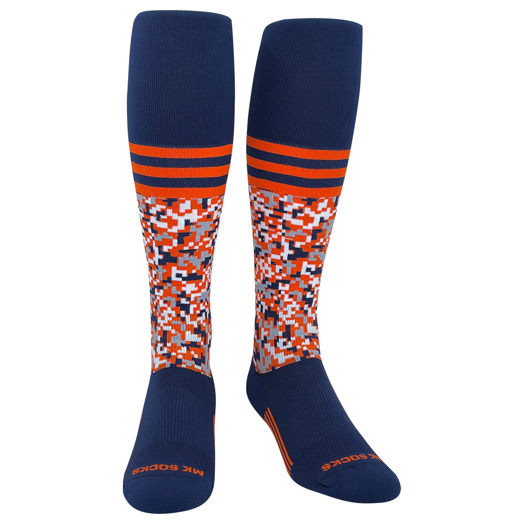 A pair of knee-high digital camo striped sports socks in navy and orange colors.