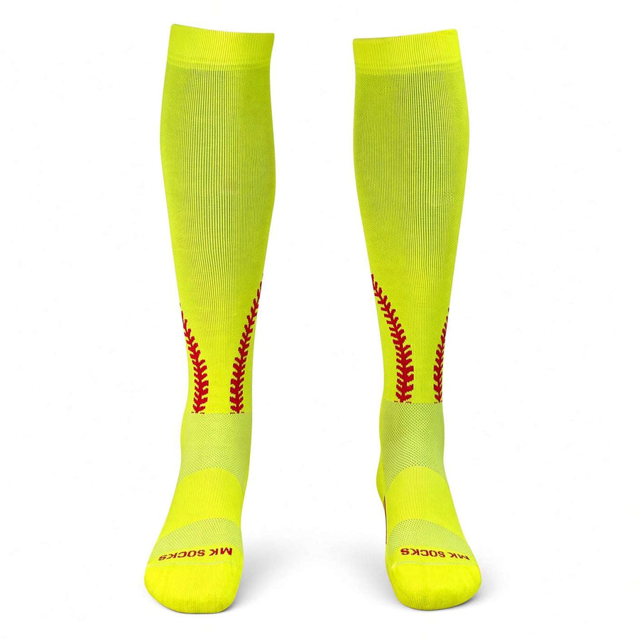 MK Socks Softball Stitch Neon Yellow with Red Stitching Knee high Socks