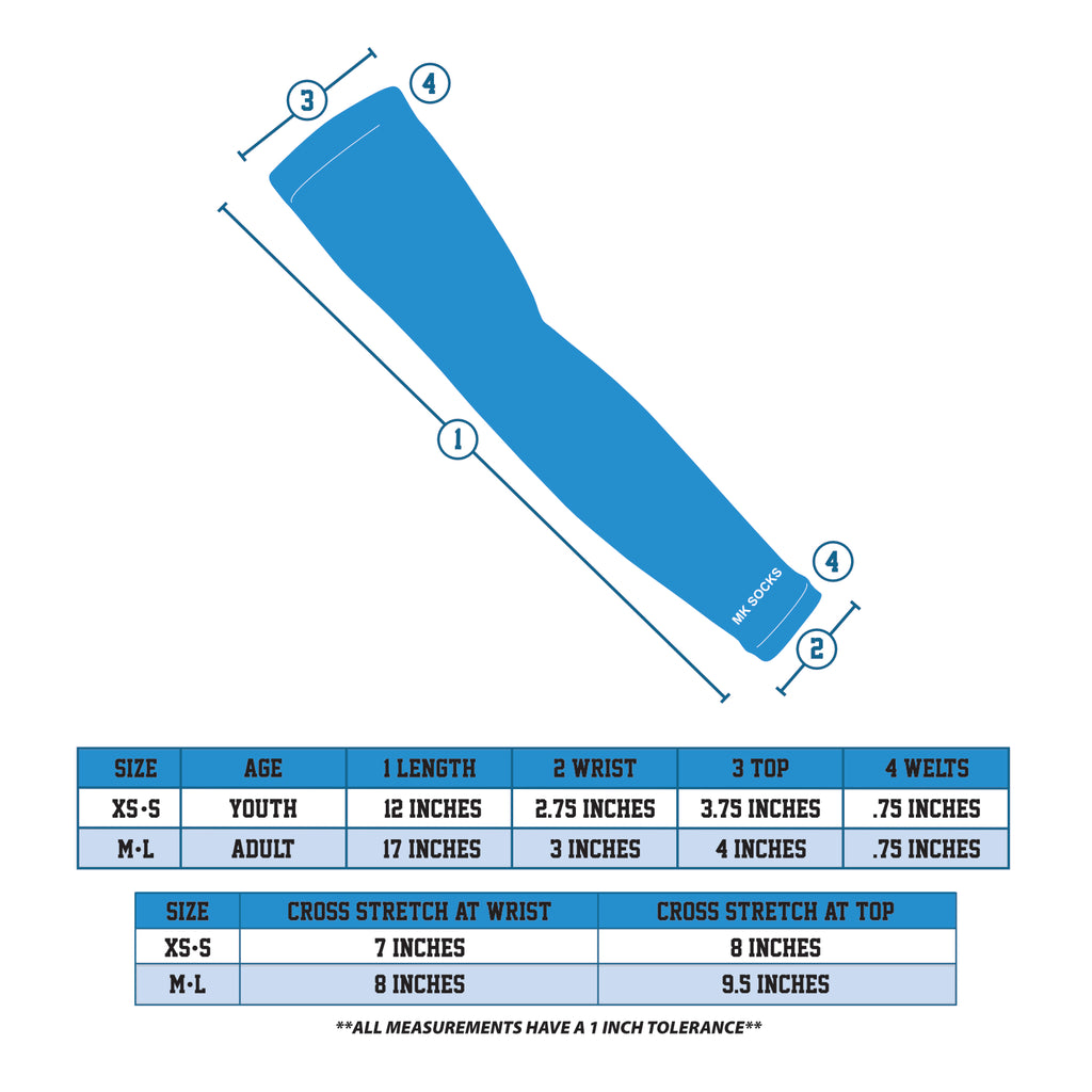 Size chart for knitted arm sleeves used in sports like baseball and football.