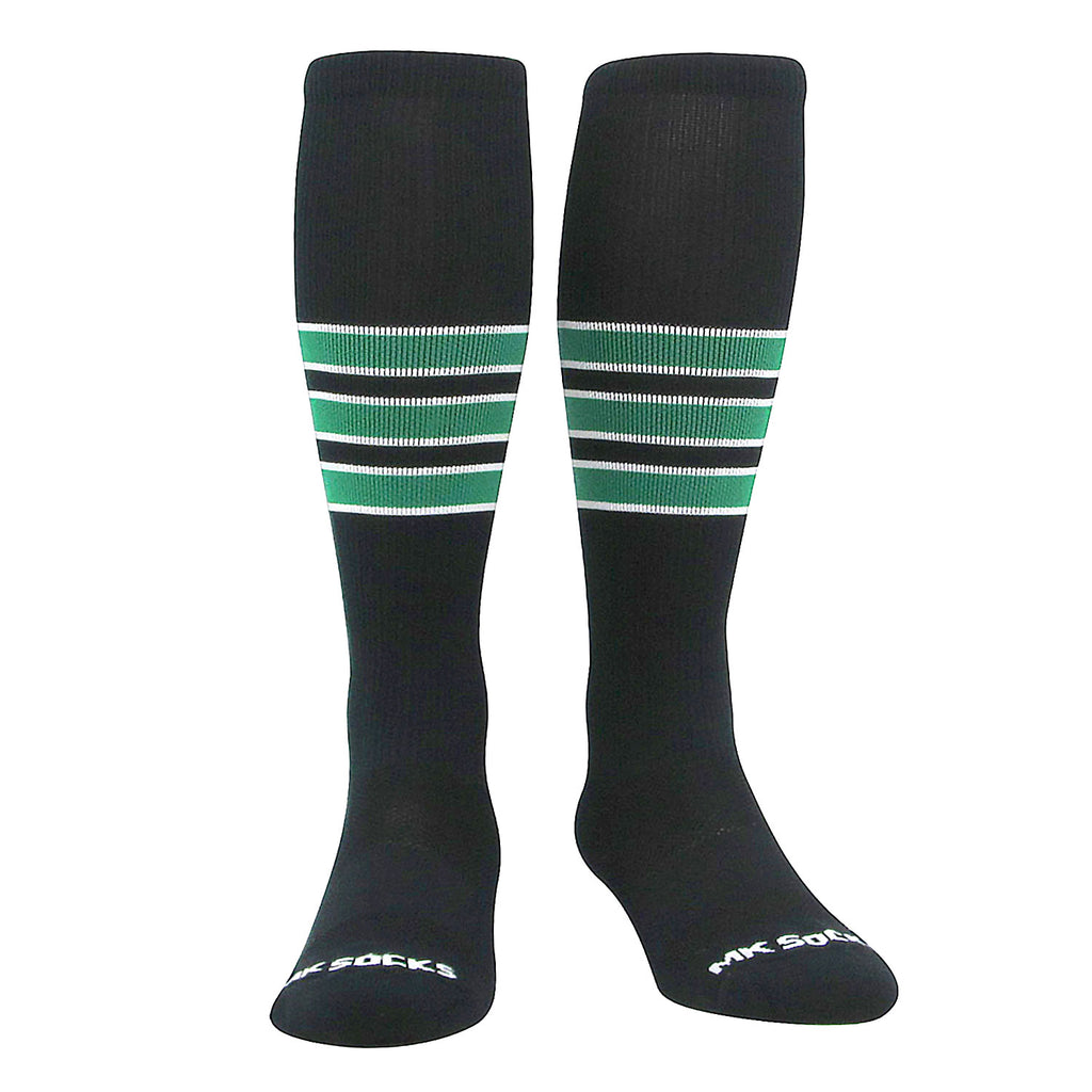 USA made knee-high striped socks used in sports like baseball, football, soccer, and volleyball. 