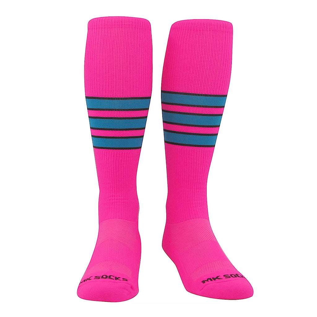 USA made knee-high striped socks used in baseball, football, soccer, and volleyball.