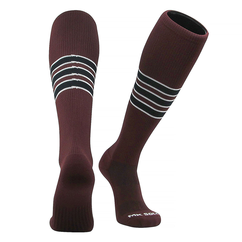 USA made knee-high striped socks used in sports like baseball, football, soccer, and volleyball.