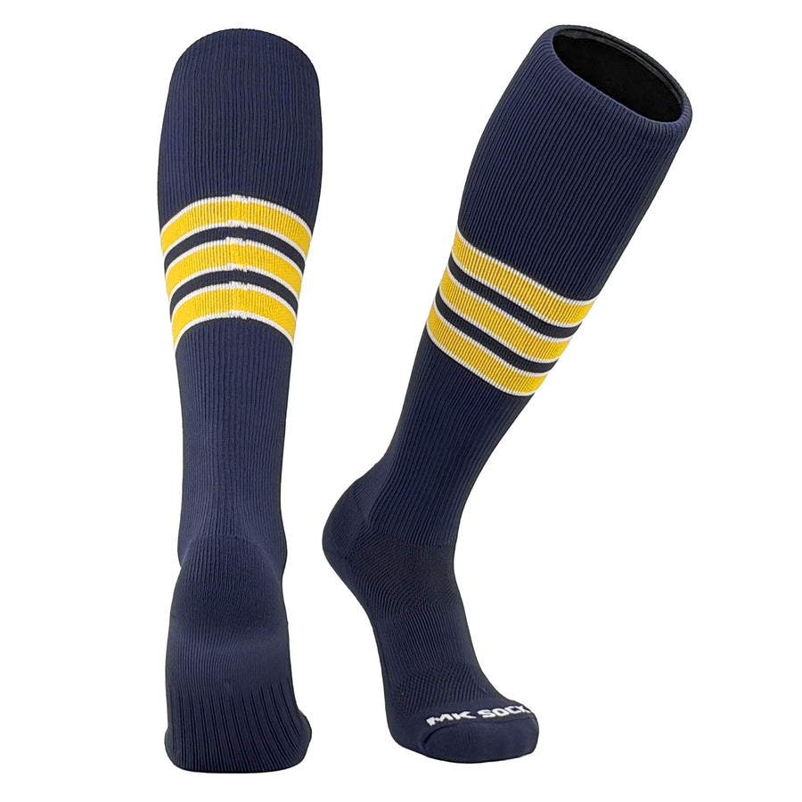 MK Socks Striped Knee High Baseball, Football Socks - Navy White Gold