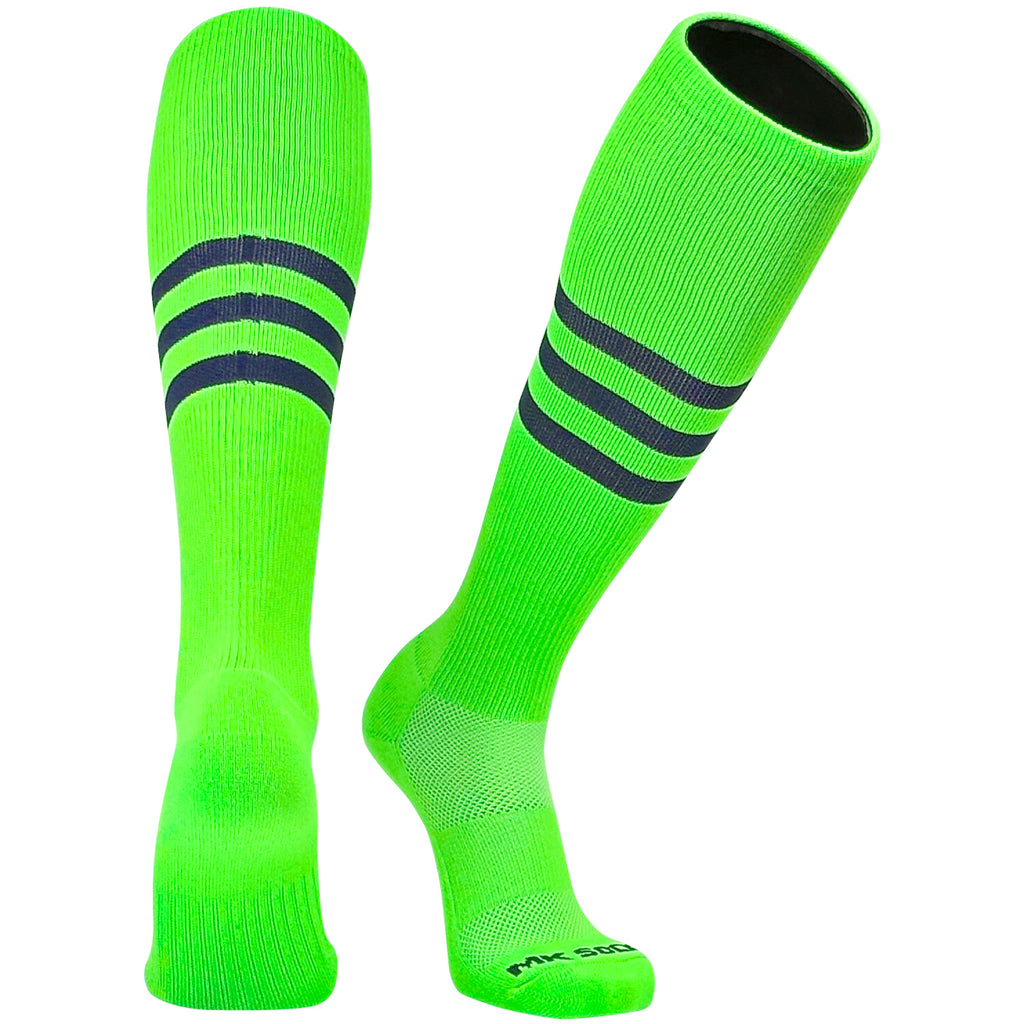 A pair of neon green knee-high socks with navy blue stripes and MK branding on the foot used in sports like baseball, football, soccer, and volleyball.