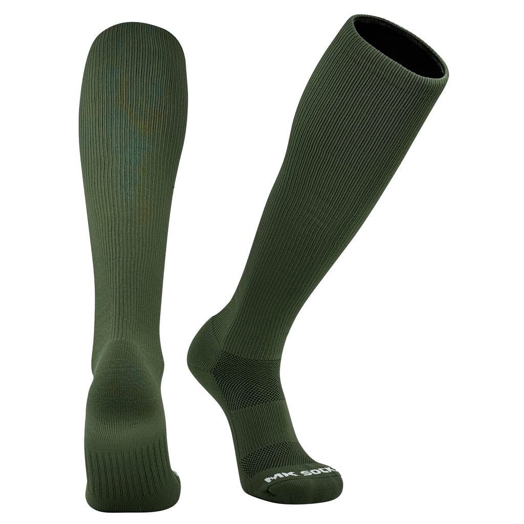 A pair of military green knee-high sports socks with compression support, designed for sports like baseball, football, soccer, and volleyball.