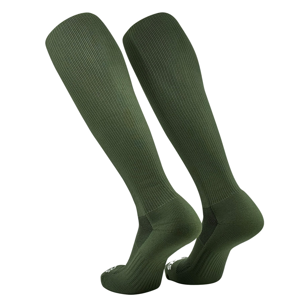 A pair of military green knee-high sports socks with compression support, designed for sports like baseball, football, soccer, and volleyball.