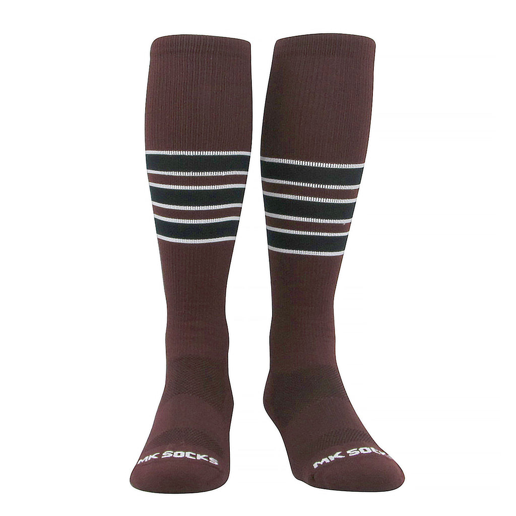 USA made knee-high striped socks used in sports like baseball, football, soccer, and volleyball.