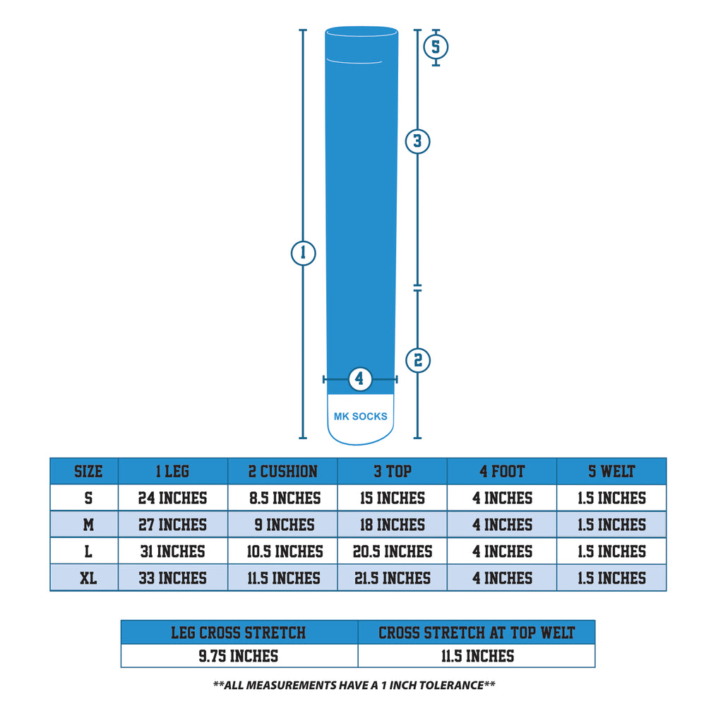 Length sizing chart for MK Socks tube socks.
