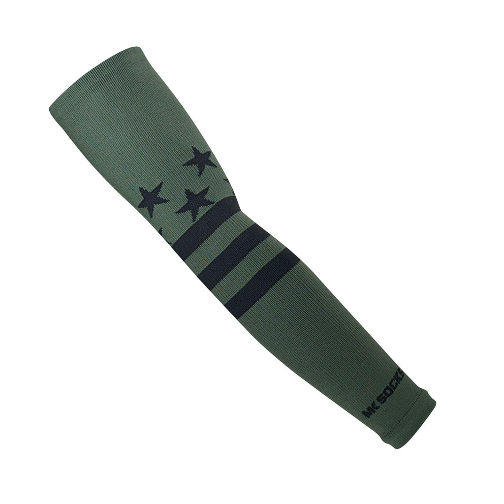 A USA knitted arm sleeve by MK Socks used in sports like baseball and football.
