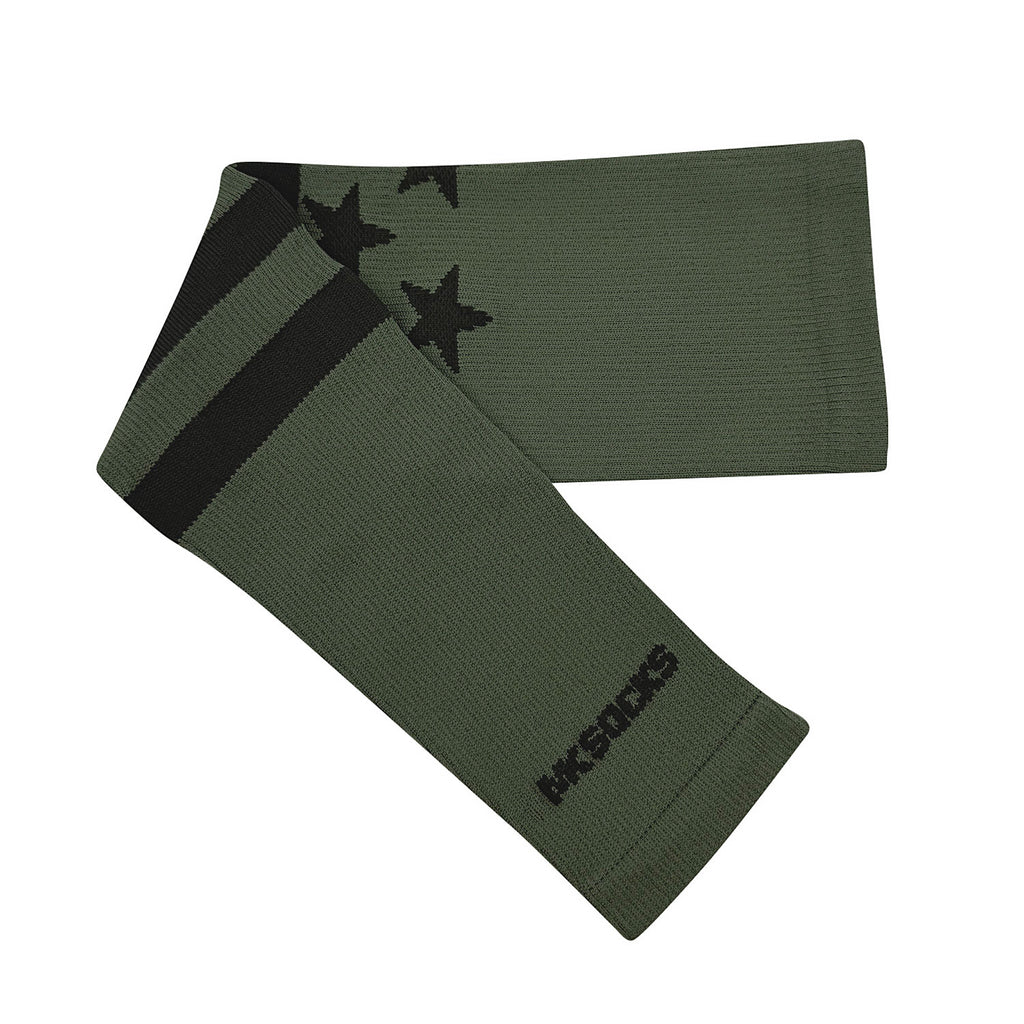 A USA knitted arm sleeve by MK Socks used in sports like baseball and football.