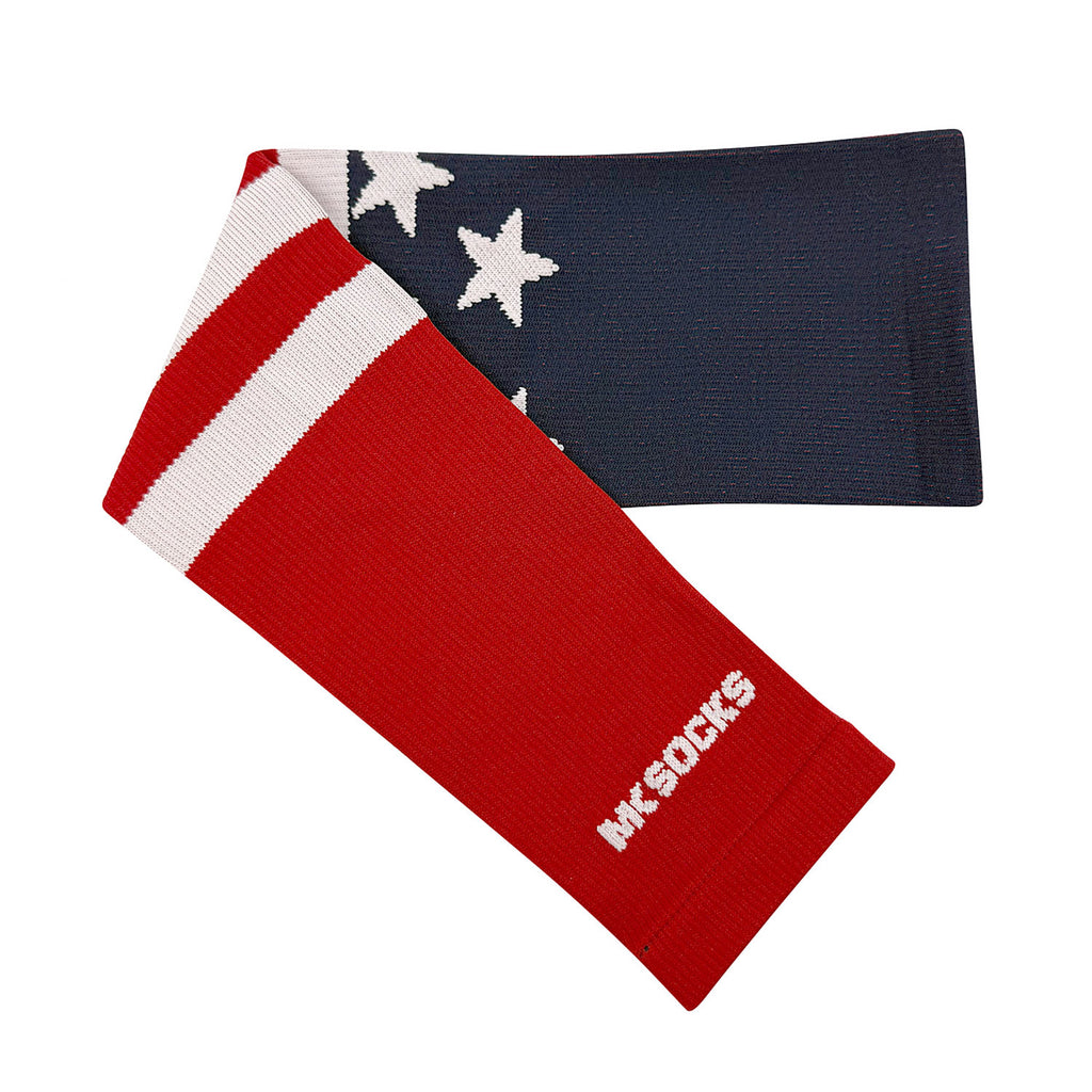 A USA knitted arm sleeve by MK Socks used in sports like baseball and football.