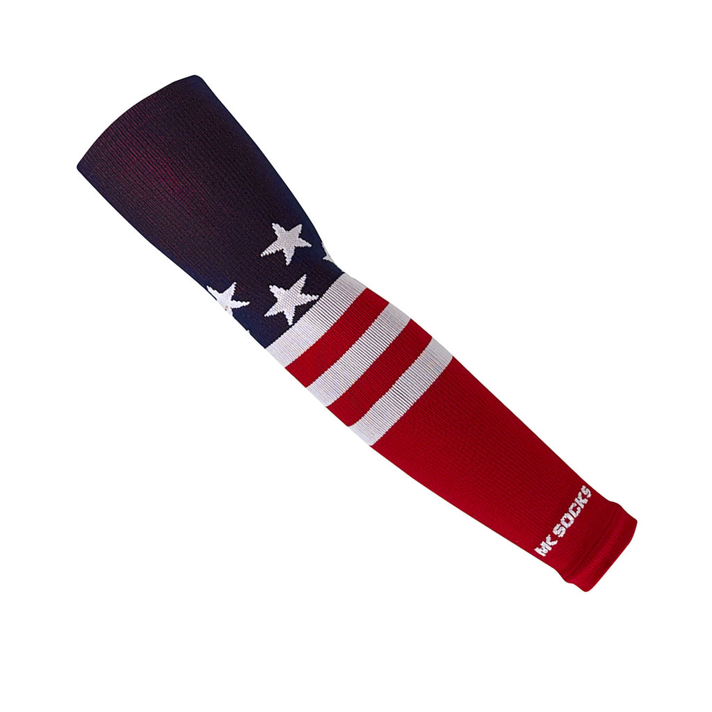 A USA knitted arm sleeve by MK Socks used in sports like baseball and football.