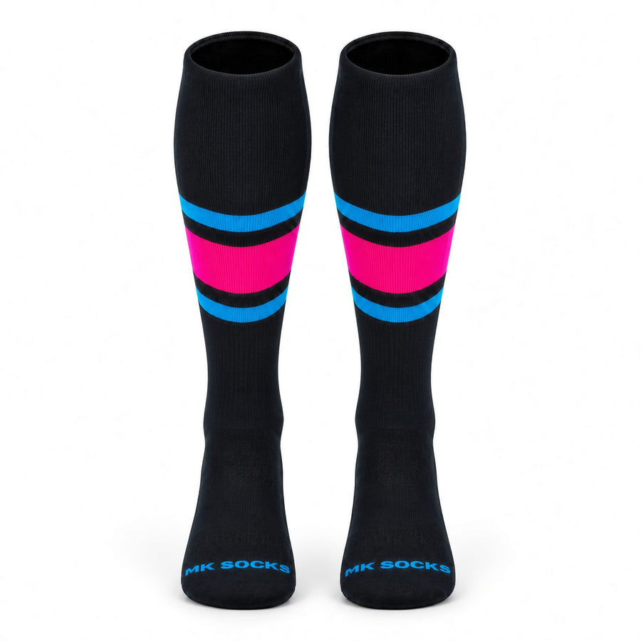MK Socks Striped Knee High Baseball, Football Socks - Black Neon Blue Hot Pink