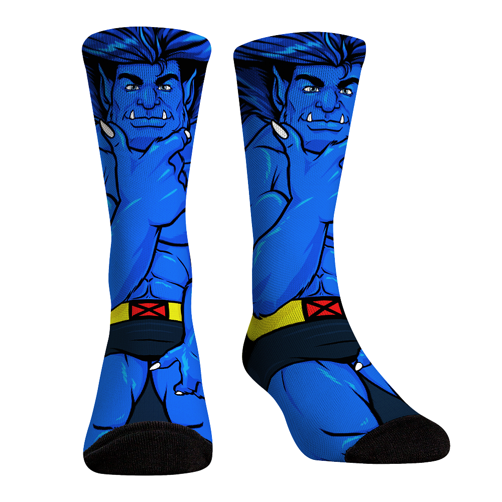 Rock Em Elite X-Men HyperOptic Character Crew Socks featuring Beast superhero design, showcasing high-quality graphics and comfort for Marvel fans.