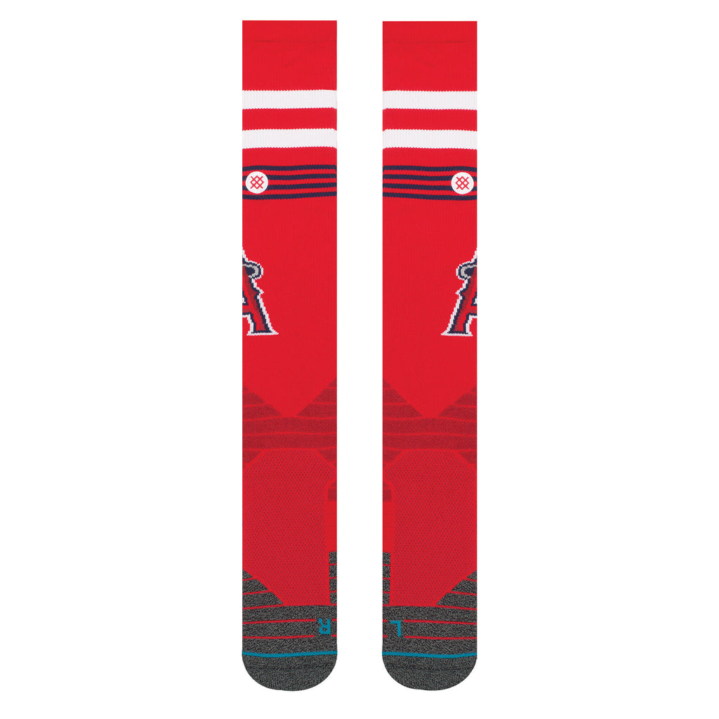 Close-up of the Stance MLB Los Angeles Angels of Anaheim Diamond Pro OTC Socks highlighting the premium materials and cushioning features.