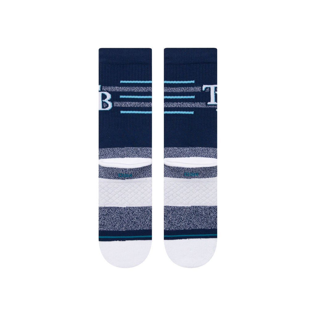 Close-up view of the Stance MLB Tampa Bay Rays 2024 Closer Crew Socks showcasing medium cushioning and seamless toe closure.