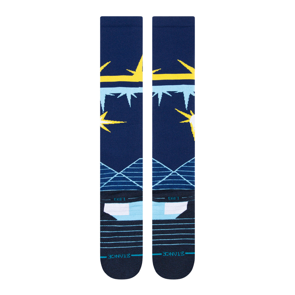 Stance MLB Tampa Bay Rays Sunburst Navy OTC Socks displayed with emphasis on the premium materials and FreshTek technology for comfort and moisture control.