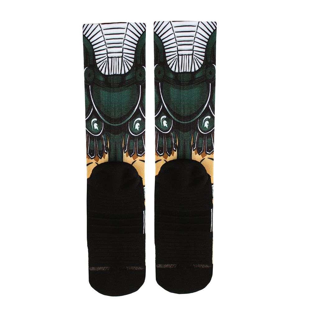 Rock Em Elite Michigan State HyperOptic Mascot NCAA Crew Socks (L/XL) featuring 360-degree graphic design of Michigan State Spartan mascot with vibrant colors, engineered for comfort and performance.