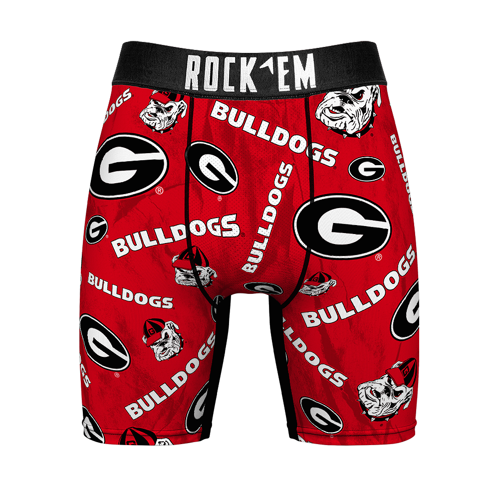 NCAA Georgia Bulldogs, UGA - Logo All Over Rock 'Em Boxer Briefs featuring an all-over Georgia Bulldogs logo design, ideal for fans seeking comfort and style.