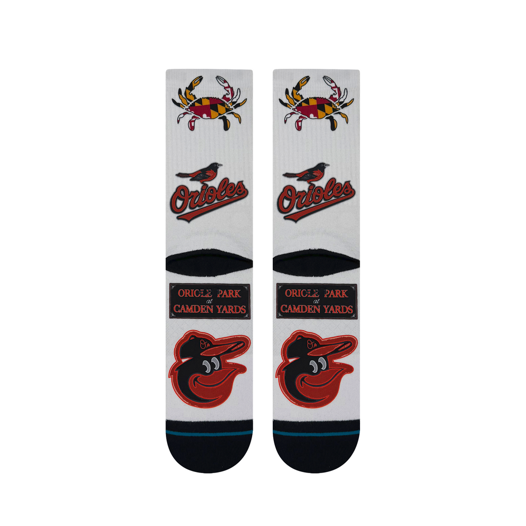 Comfortable and durable Stance MLB Local Crew Socks - Baltimore Orioles featuring a breathable polyester blend, ideal for game days and casual outings.