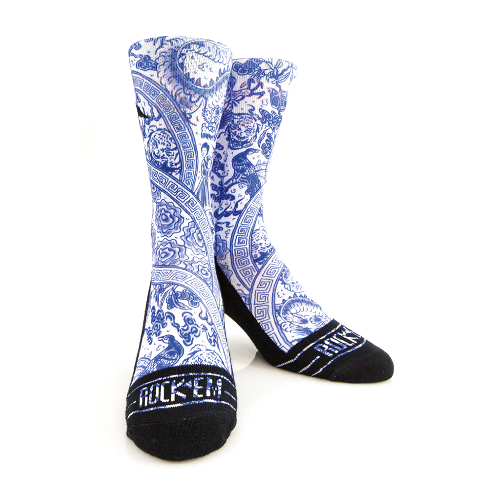 Close-up view of Rock Em Elite 2014 LeBron China Low Kings 11 Crew Socks featuring 360-degree crystal clear graphics and cushioned footbed for maximum comfort and durability.