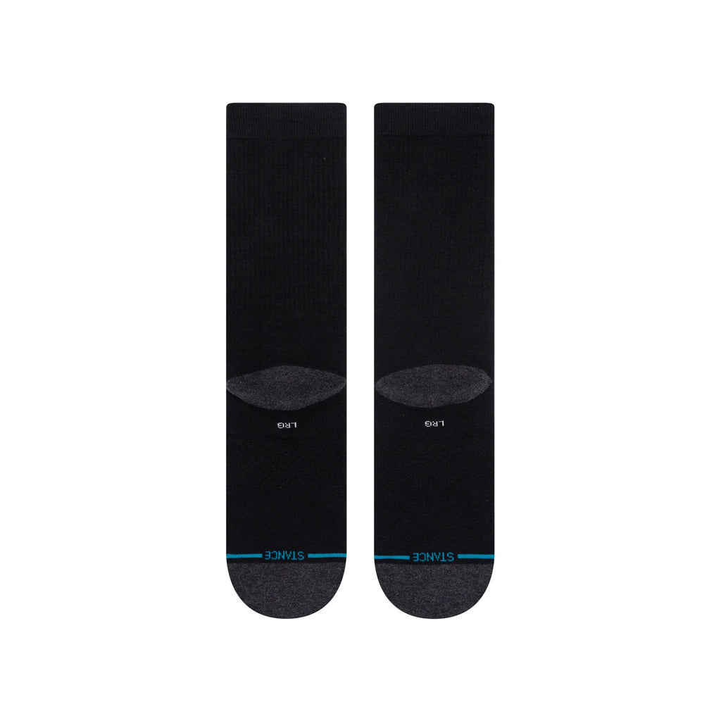 Stance mens Icon St Crew socks in Black, featuring Infiknit technology for durability and engineered arch support for all-day comfort.