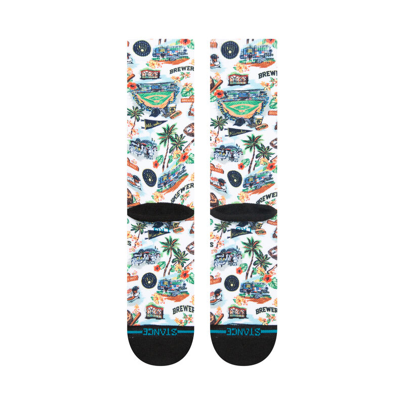Stance MLB Milwaukee Brewers Spooner Crew Socks featuring vibrant tropical prints and a unique design collaboration with Reyn Spooner, perfect for showing team spirit and providing comfort.