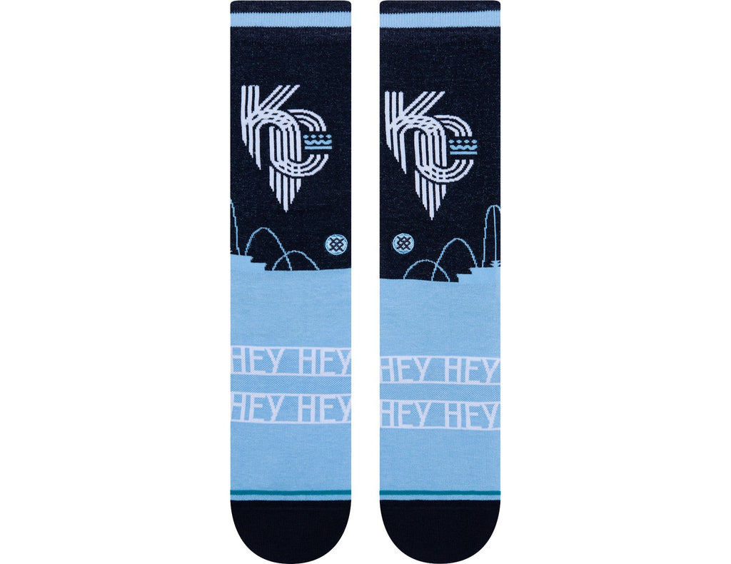 Close-up of Stance Kansas City Royals 2022 City Connect Crew Socks featuring cushioned forefoot and arch support for game-day style.