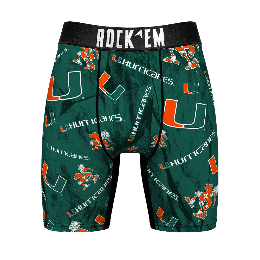 NCAA Miami Hurricanes, UM - Logo All Over Rock 'Em Boxer Briefs featuring soft microfiber waistband and ultra-cool ventilation technology for ultimate comfort and style.