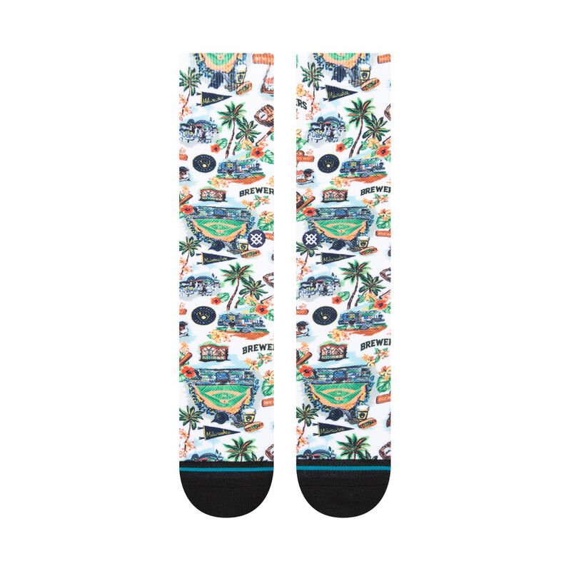 Stance MLB Milwaukee Brewers Spooner Crew Socks showcased on a white background, combining team spirit with a playful island vibe.