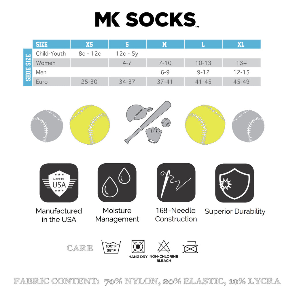 MK Socks size chart and product features for baseball and softball socks.
