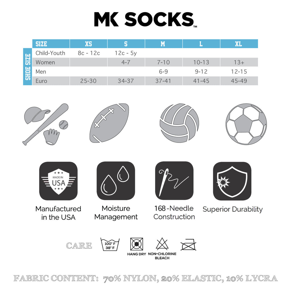 MK Socks size chart and product features for pear sox