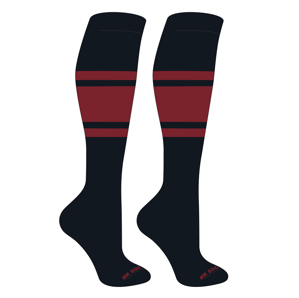 MK Socks Competitor OTC Baseball and Football Socks in Black and Cardinal color, designed for athletic performance and comfort.