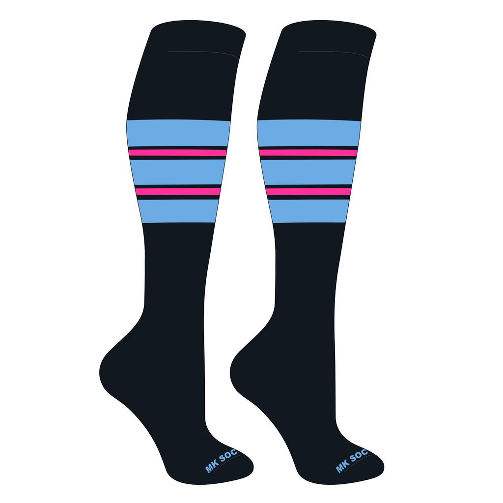 MK Socks Competitor OTC Baseball and Football Socks in Black, Columbia Blue, and Hot Pink, designed for optimal athletic performance with moisture-wicking yarns, arch support, and mid-knee length suitable for multiple sports.