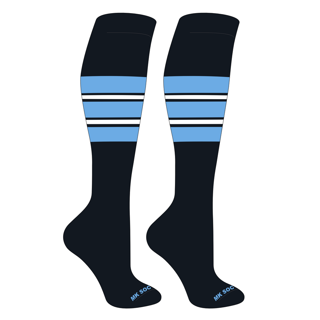 MK Socks Competitor OTC Baseball and Football Socks in Black, Columbia Blue, and White, designed for optimal support and comfort during athletic activities.